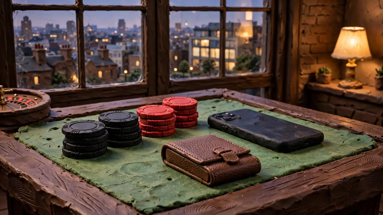 Casino chips, roulette wheel and face-down phone on a felt table with London skyline beyond the window.