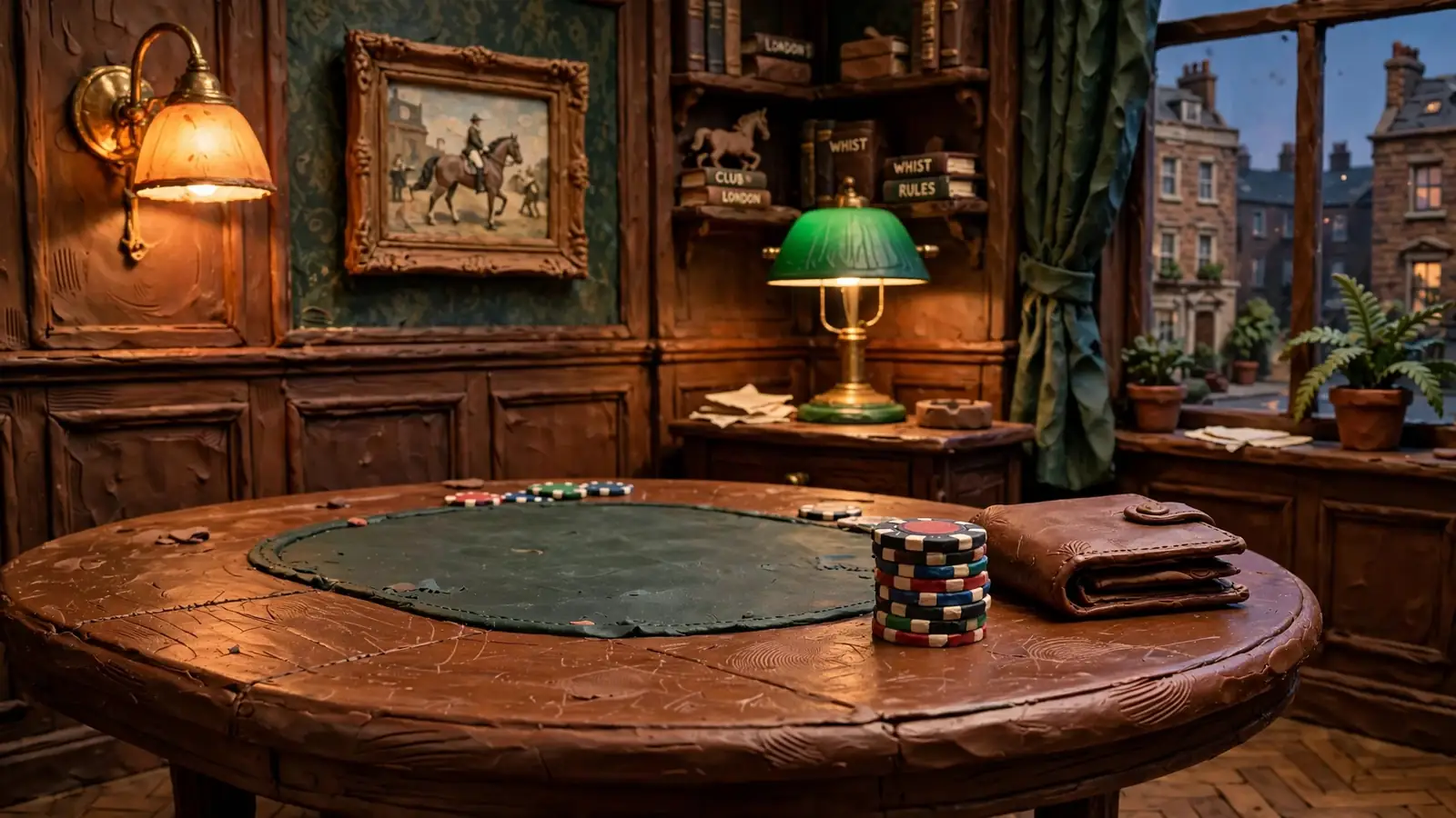 Casino chips and a leather wallet on a wooden table in a London club interior