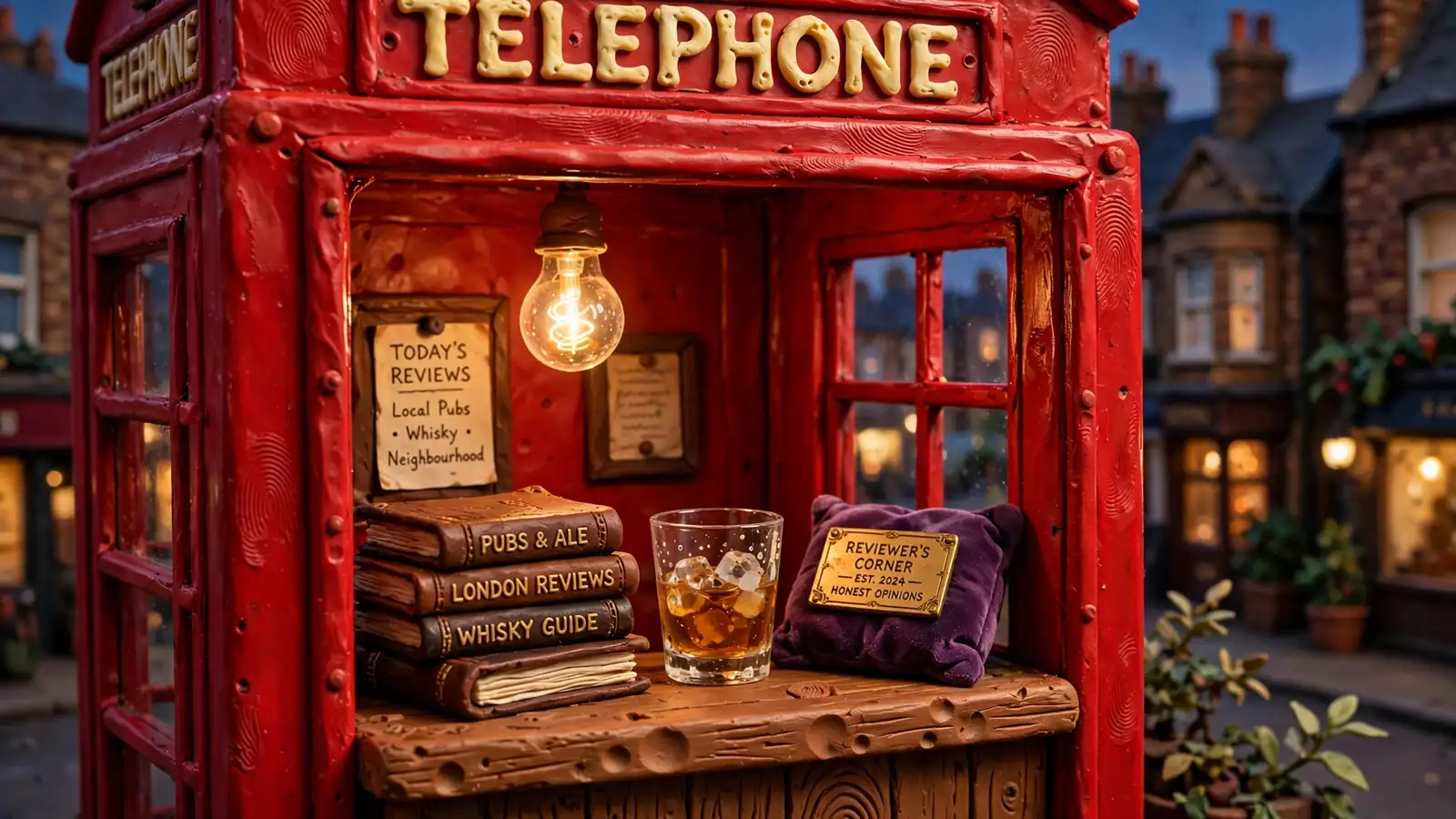 Repurposed red British phone box used as a review shelf beside a bar.