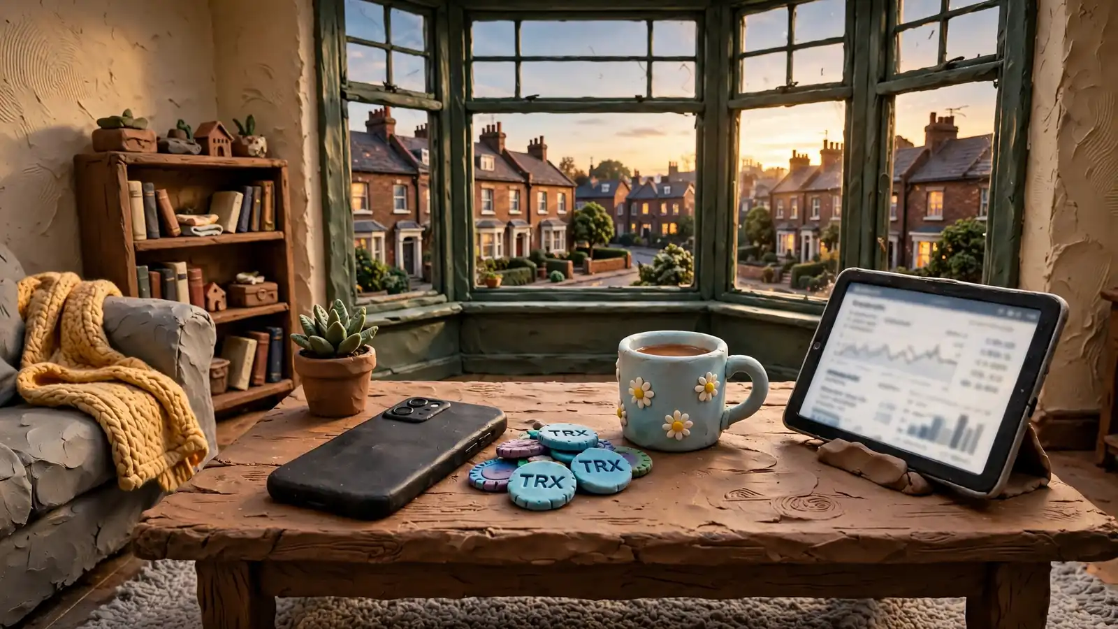 London flat interior with TRX tokens, poker chips, and a smartphone on a table
