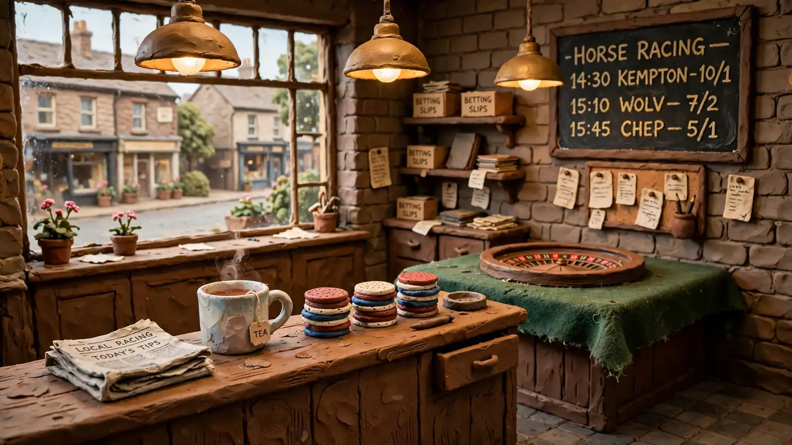 Interior of a traditional UK betting shop with card table and roulette wheel.