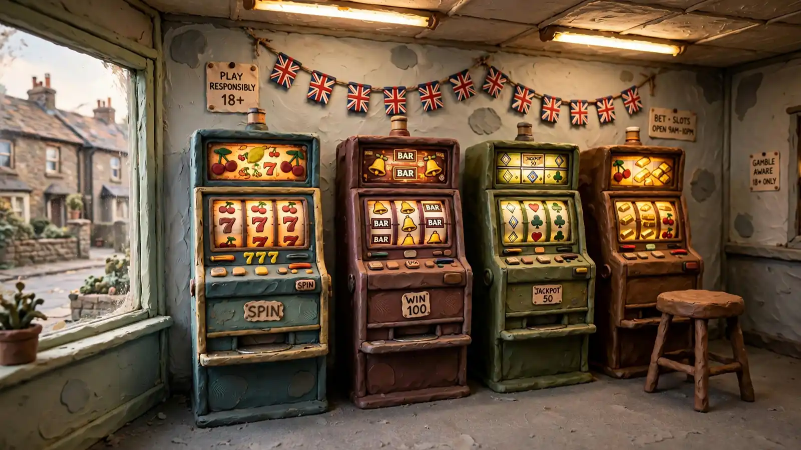 Row of slot machines inside a UK betting shop.