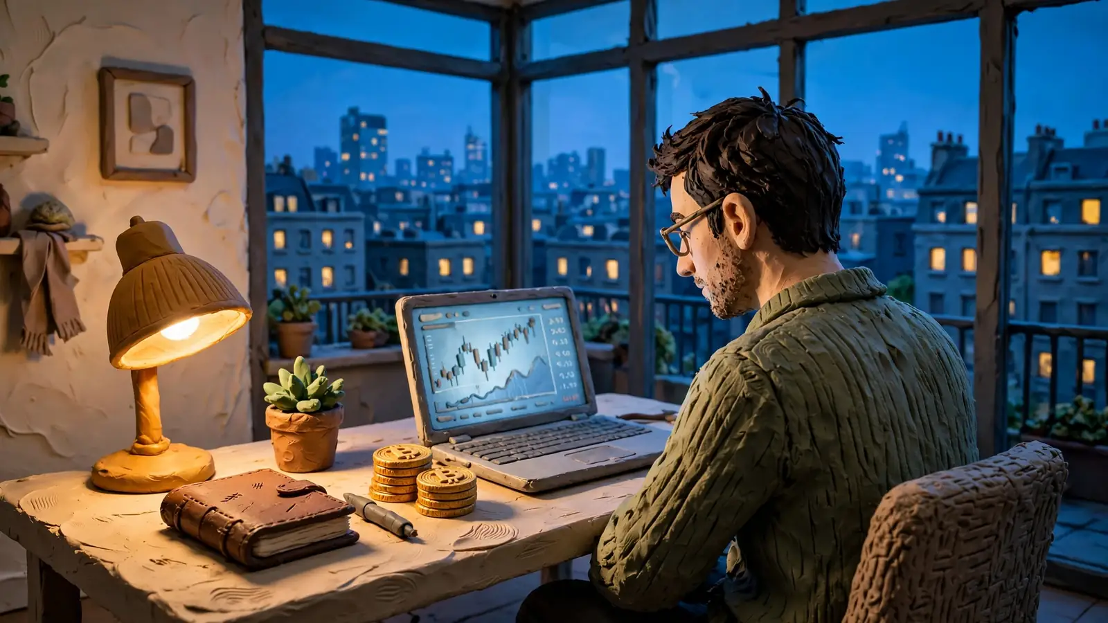 Professional at laptop in London flat with crypto coins and skyline at dusk