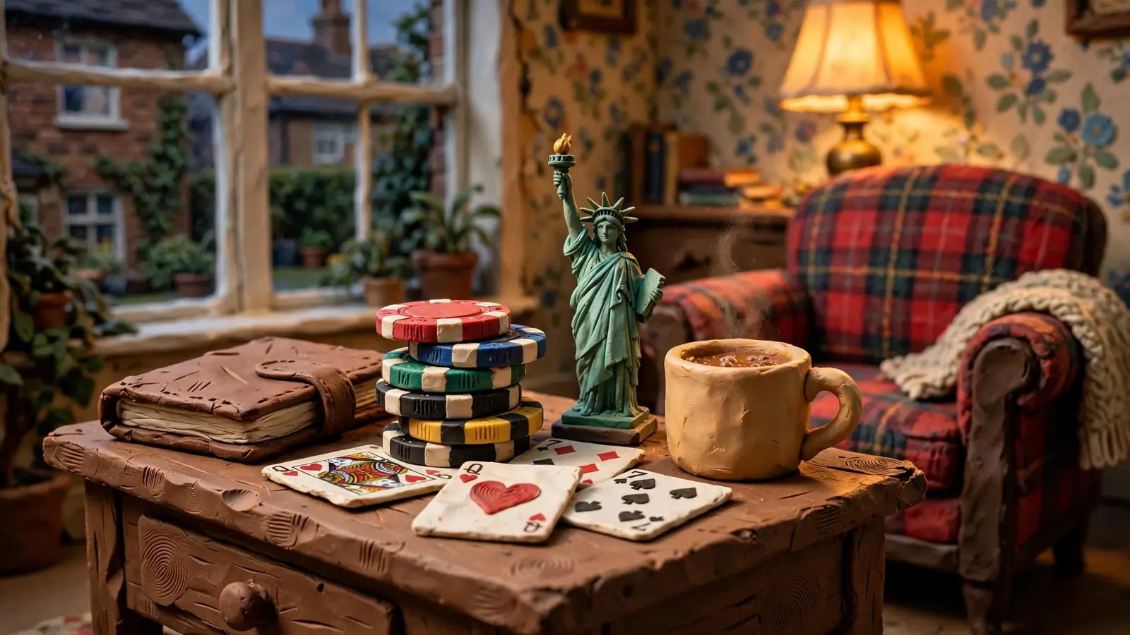 Casino chips and playing cards beside a small Statue of Liberty figurine on a British side table under warm lamplight.