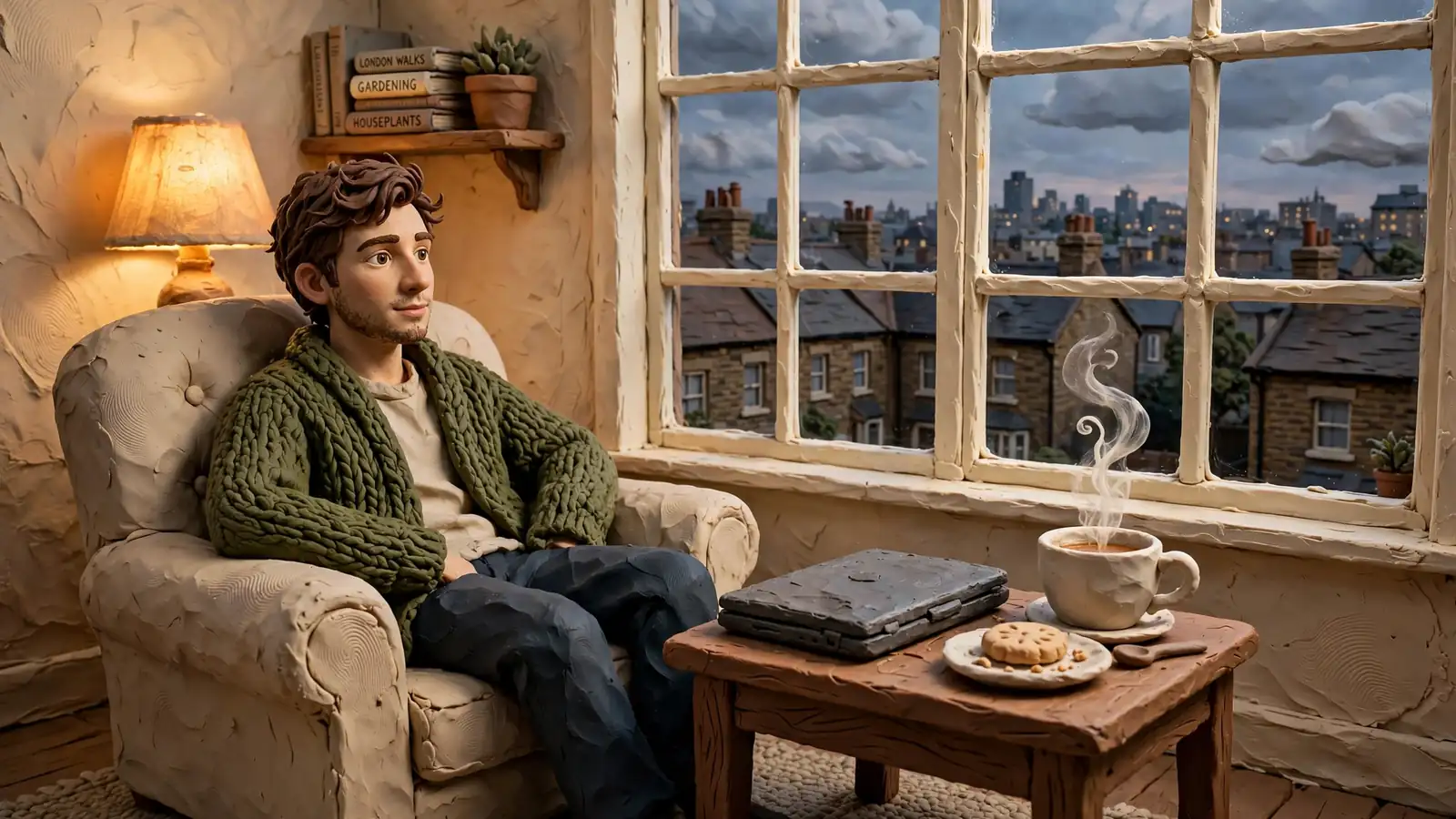 Person relaxing in a British flat at dusk with a closed laptop and tea, city skyline through window.