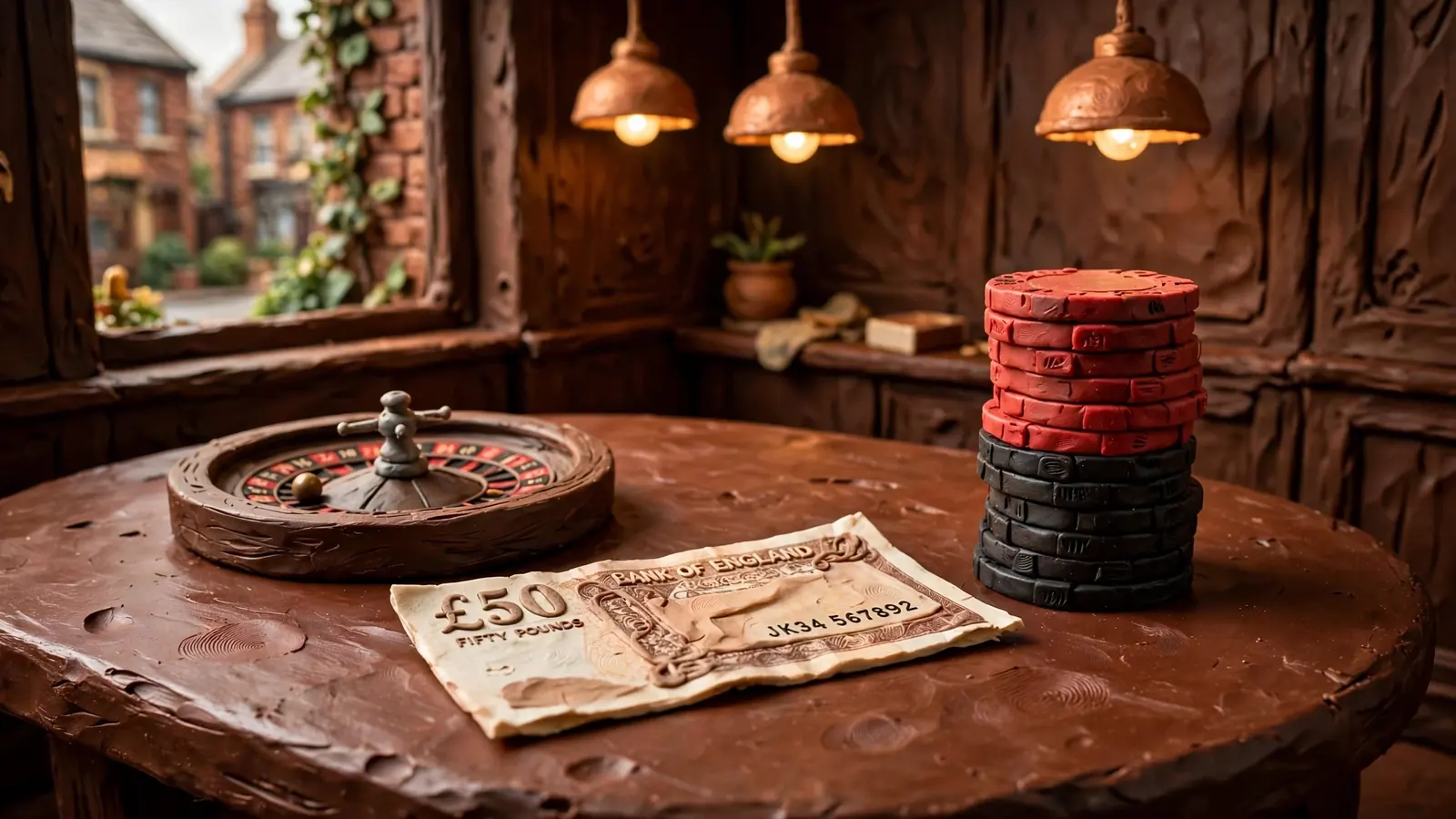 Casino chips and roulette wheel on a wooden table in a warm British gaming room.