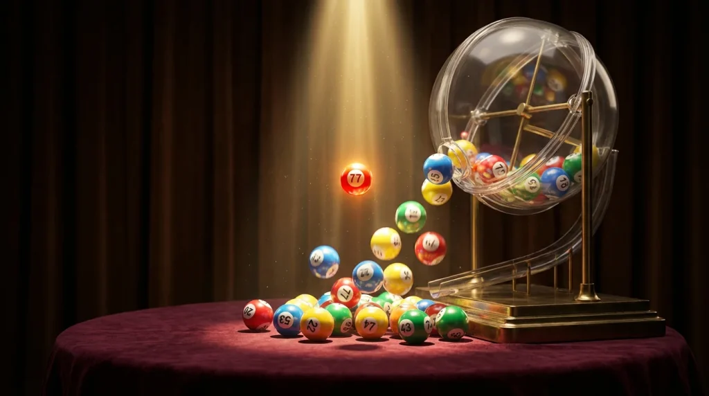 Glowing jackpot counter above a bingo room with numbered balls falling