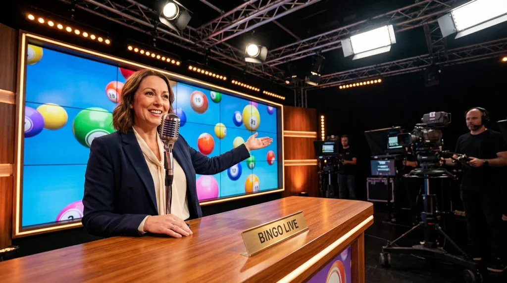 Live bingo host calling numbers into a microphone in a brightly lit studio