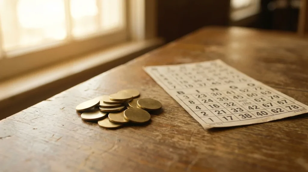 Small stack of coins next to a bingo ticket on a wooden table