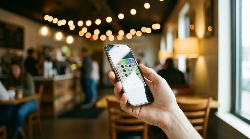 Smartphone held in hand showing a mobile bingo room with daubed tickets