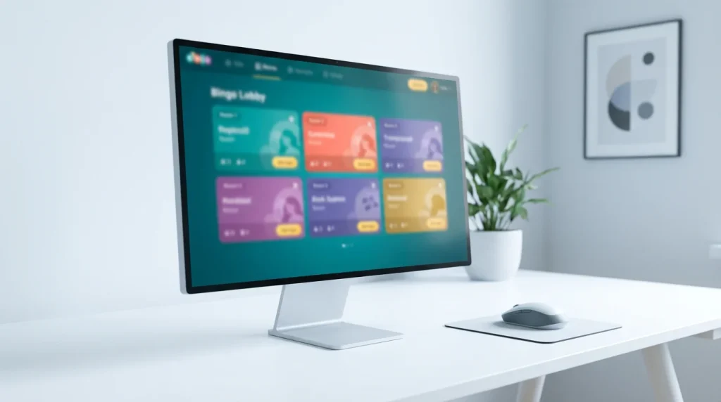 Fresh bingo lobby interface on a monitor with colourful room tiles