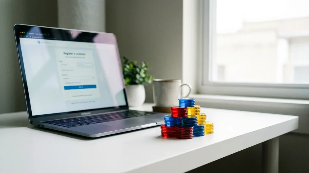Bingo bonus chips stacked beside a registration screen on a laptop