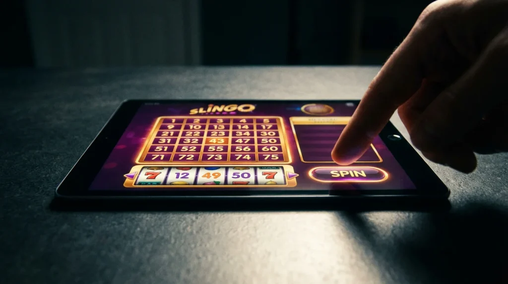 Slingo game grid with slot reels spinning below a 5x5 bingo board