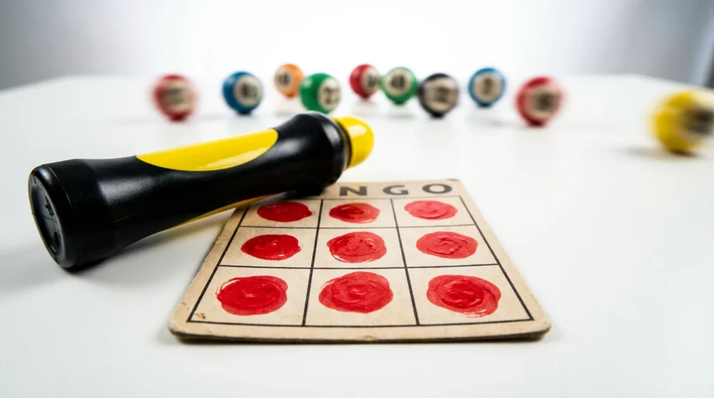 Compact 3x3 bingo grid with all nine numbers daubed in a speed round